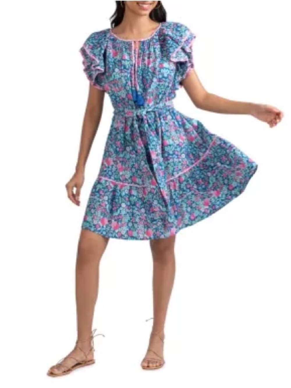 Shoshanna Weber Dress Floral Print Ruffle Sleeve Tie Belt Tassel 8